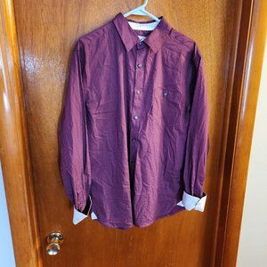 Men's Large Campia Moda Maroon W/ White Dots Long Sleeve Button Down Dress Shirt